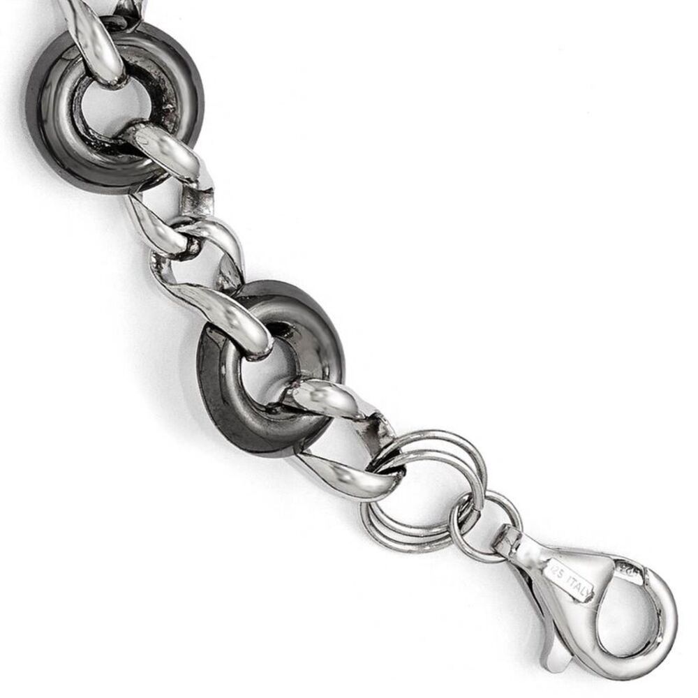 Sterling Silver & Black Plated 13mm Polished Link Bracelet, 8 Inch
